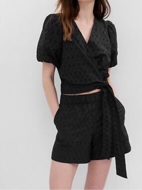 GAP Black faux wrap Eyelet Textured Top new